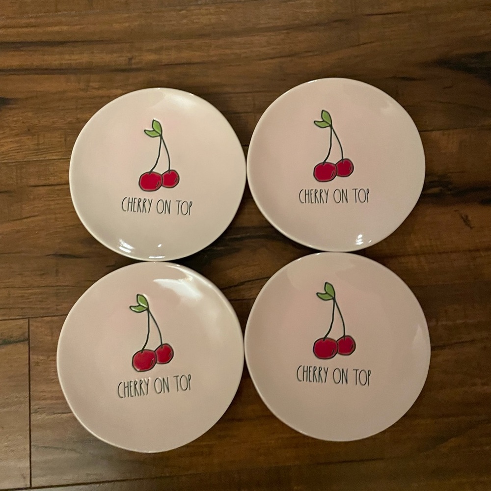Rae Dunn pink cherry on top set 4 dessert plates